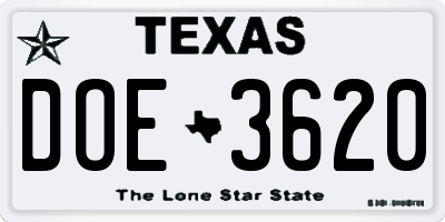TX license plate DOE3620