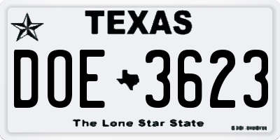 TX license plate DOE3623