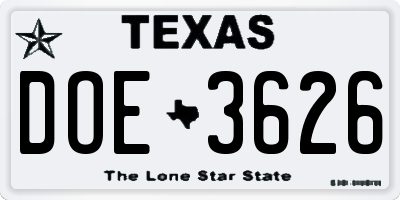 TX license plate DOE3626