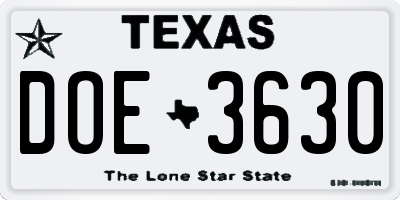 TX license plate DOE3630