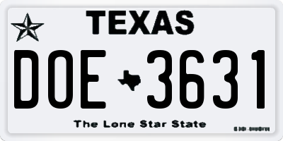 TX license plate DOE3631