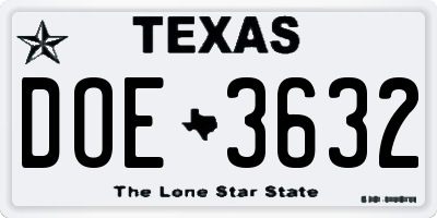 TX license plate DOE3632