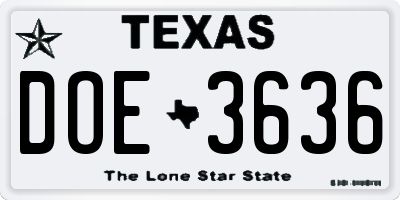 TX license plate DOE3636