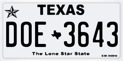 TX license plate DOE3643