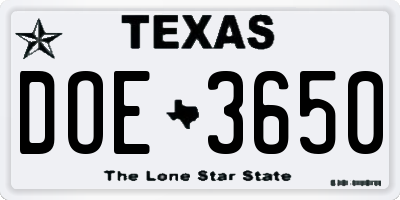 TX license plate DOE3650