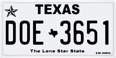 TX license plate DOE3651