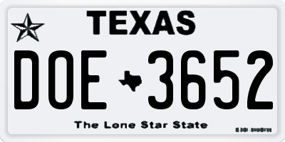 TX license plate DOE3652