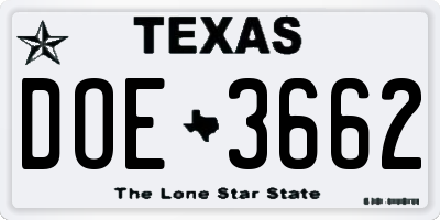 TX license plate DOE3662