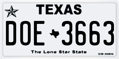 TX license plate DOE3663