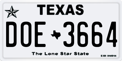 TX license plate DOE3664
