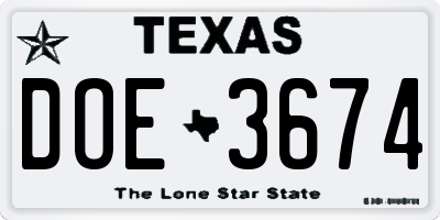 TX license plate DOE3674