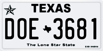 TX license plate DOE3681