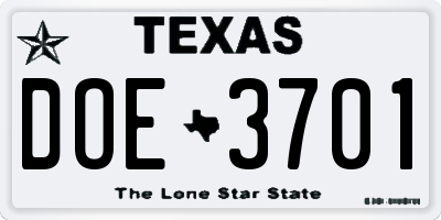 TX license plate DOE3701