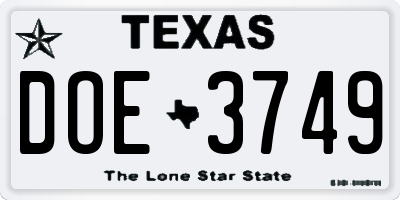 TX license plate DOE3749