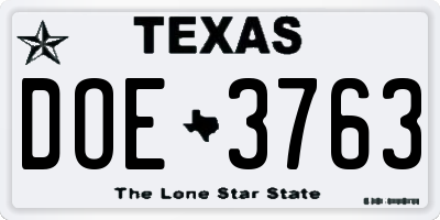 TX license plate DOE3763