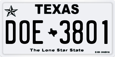 TX license plate DOE3801