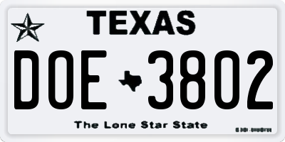 TX license plate DOE3802