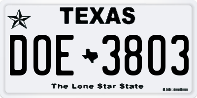 TX license plate DOE3803