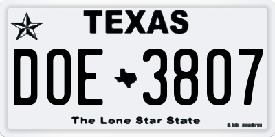 TX license plate DOE3807