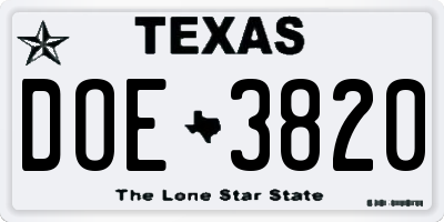 TX license plate DOE3820