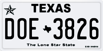 TX license plate DOE3826