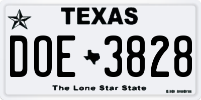 TX license plate DOE3828