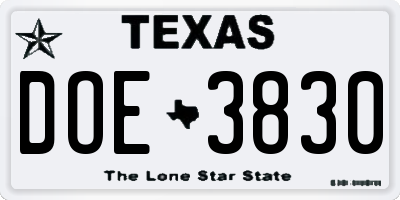 TX license plate DOE3830