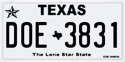 TX license plate DOE3831
