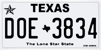 TX license plate DOE3834