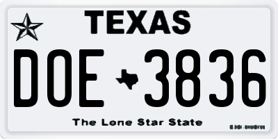 TX license plate DOE3836