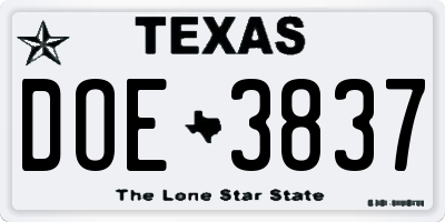 TX license plate DOE3837