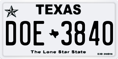 TX license plate DOE3840