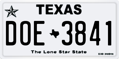 TX license plate DOE3841