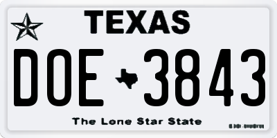 TX license plate DOE3843
