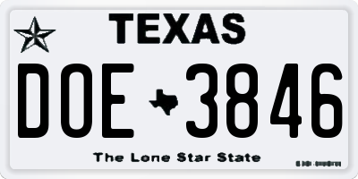 TX license plate DOE3846