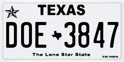 TX license plate DOE3847