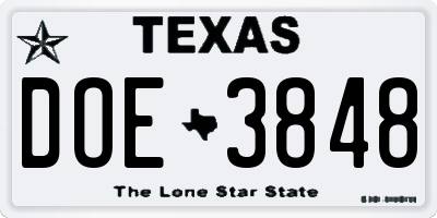 TX license plate DOE3848