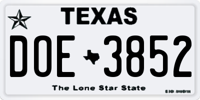 TX license plate DOE3852