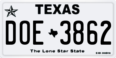 TX license plate DOE3862
