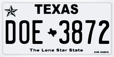 TX license plate DOE3872