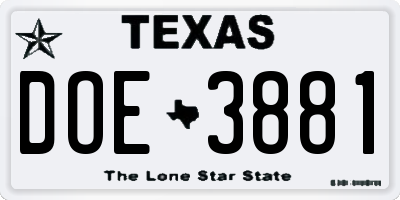 TX license plate DOE3881