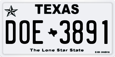 TX license plate DOE3891