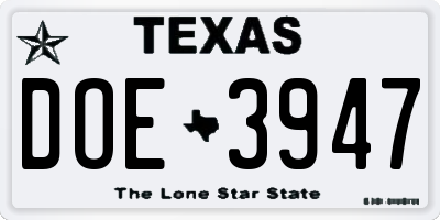 TX license plate DOE3947