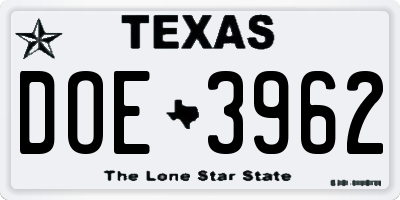 TX license plate DOE3962