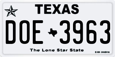 TX license plate DOE3963