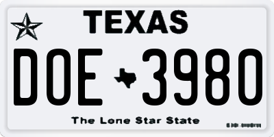 TX license plate DOE3980