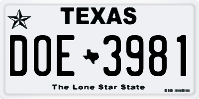 TX license plate DOE3981