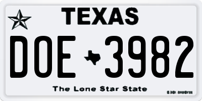TX license plate DOE3982
