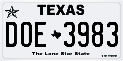TX license plate DOE3983
