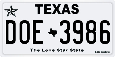 TX license plate DOE3986